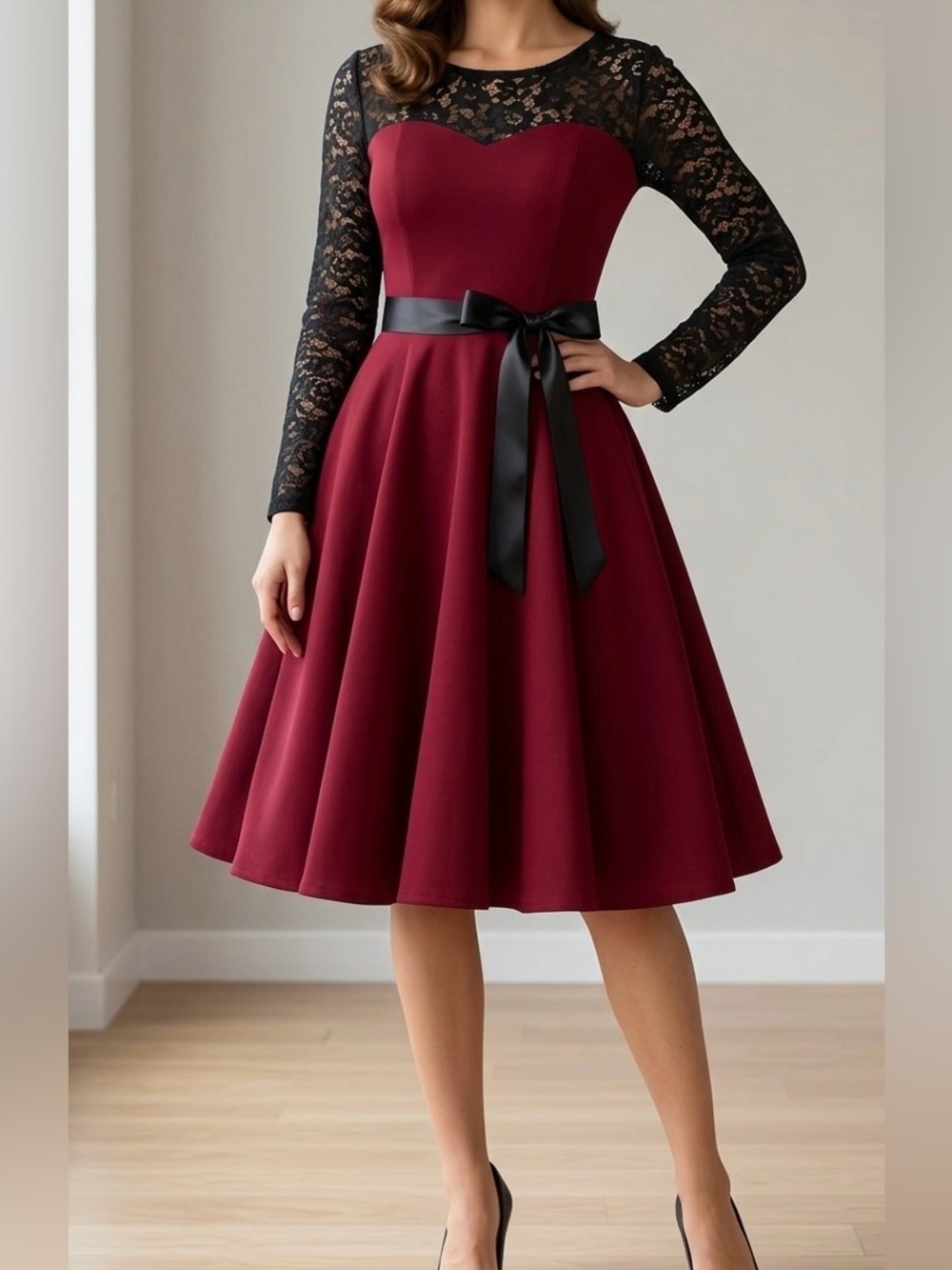 Elegant Burgundy Fit-and-Flare Lace Sleeve Dress with Satin Belt